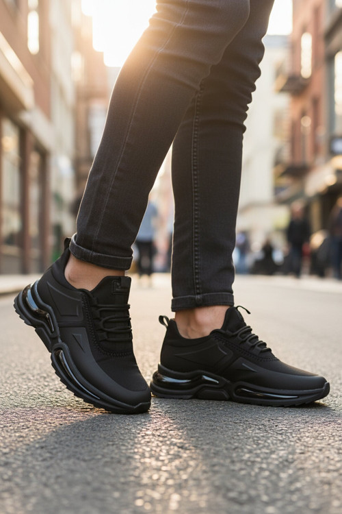 Siyah-Siyah Bağcıklı Rahat Tabanlı Erkek Yürüyüş ve Spor Ayakkabı Sneaker Than M