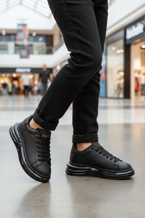 Siyah Bağcıklı Rahat Kalın Tabanlı Unisex Yürüyüş ve Spor Ayakkabı Sneaker 628