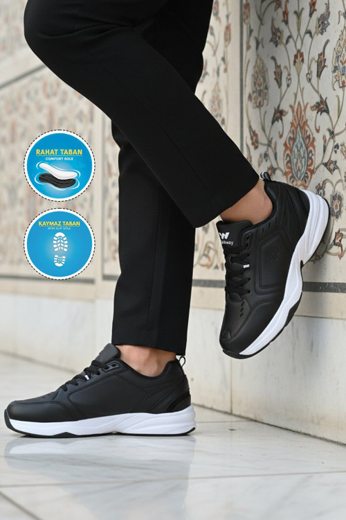 Siyah-Beyaz Bağcıklı Rahat Tabanlı Erkek Yürüyüş ve Spor Ayakkabı Sneaker Erya
