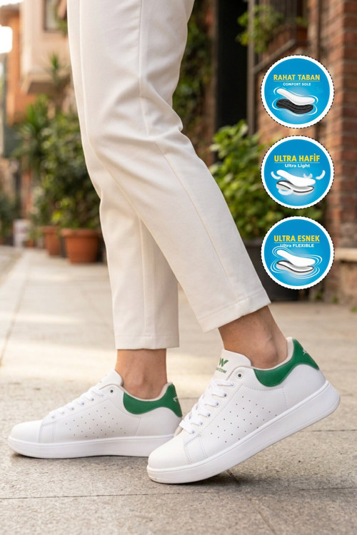 Beyaz-Yeşil Bağcıklı Kalın Rahat Tabanlı Unisex Yürüyüş ve Spor Ayakkabı Sneaker Costa