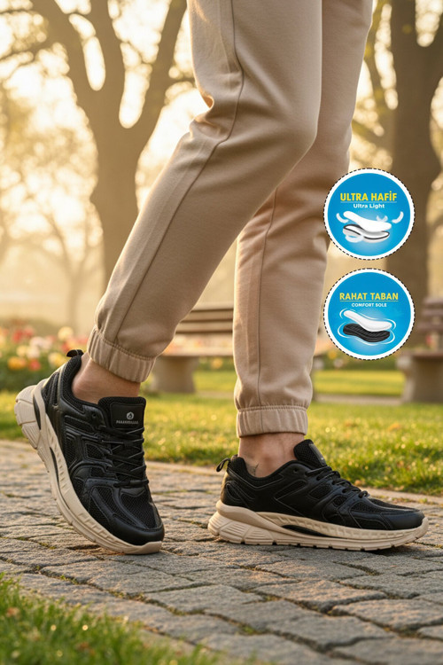 Siyah-Beyaz Fileli Bağcıklı Rahat Taban Erkek Yürüyüş ve Spor Ayakkabı Sneaker 101-25021 Blausee