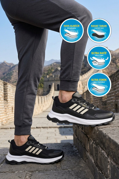 Siyah-Beyaz Fileli Hafif Rahat Taban Erkek Yürüyüş ve Spor Ayakkabı Sneaker BST-2045
