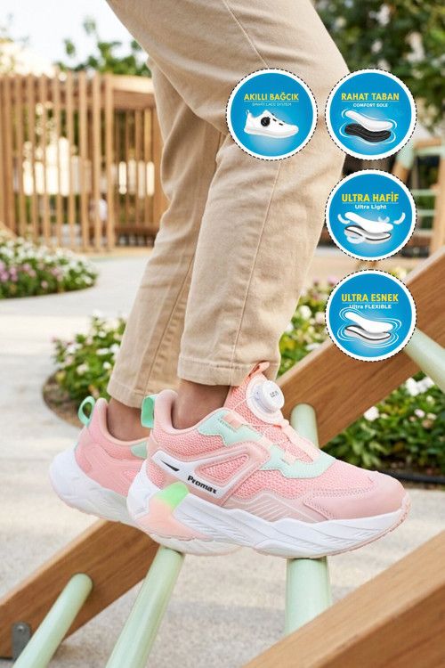 Pudra-Beyaz Akıllı Bağcıklı Fileli Kız Çocuk Spor Ayakkabı Sneaker 2099 F