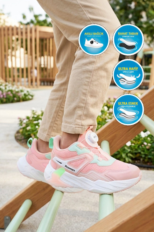 Pudra-Beyaz Akıllı Bağcıklı Fileli Kız Çocuk Spor Ayakkabı Sneaker 2099 F