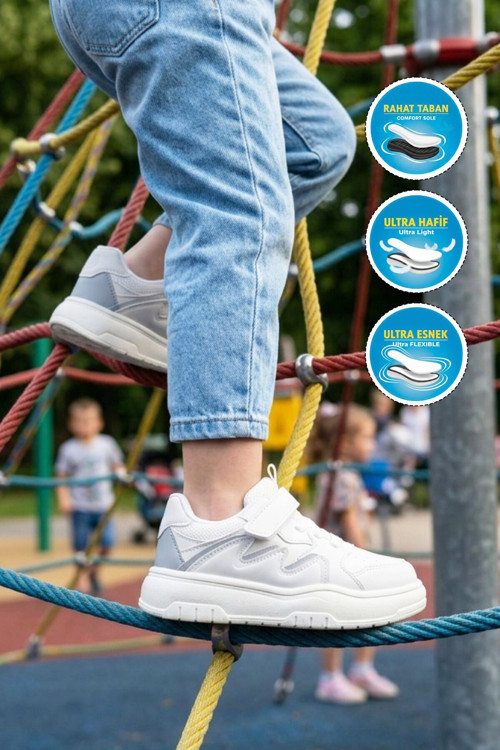 Beyaz-Buz Cırtlı Kalın Tabanlı Erkek Çocuk Spor Ayakkabı Sneaker Odessa P