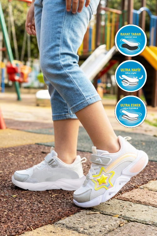 Gümüş Cırtlı Işıklı Kız Çocuk Spor Ayakkabı Sneaker 26Y316