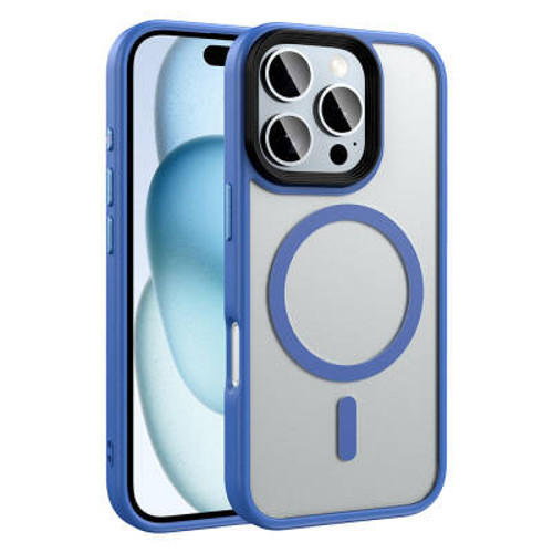 iPhone 16 Pro Max Mat Arka Yüzey Wireless Şarj Özellikli Flet Mag Safe Silikon Sert PC Kılıf - Mavi
