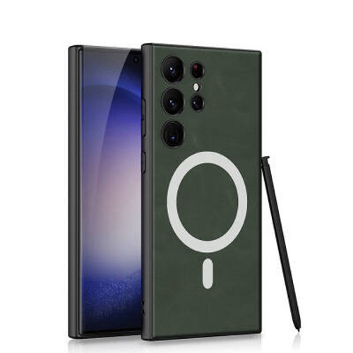 Lexroo Galaxy S24 Ultra Mag Safe Şarj Özellikli Deri Tasarımlı Kıpta Nubuk TPU İnce Kılıf - Yeşil