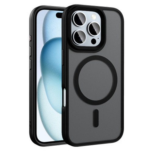 iPhone 16 Pro Max Mat Arka Yüzey Wireless Şarj Özellikli Flet Mag Safe Silikon Sert PC Kılıf - Siyah