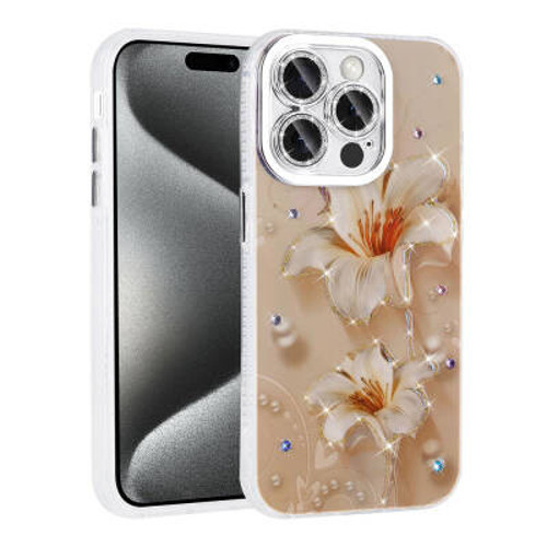 iPhone 15 Pro Max Çiçek Desenli Parlak Taşlı Sert Silikon Garden Kılıf - Pembe Açık