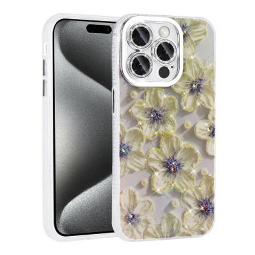 iPhone 15 Pro Max Çiçek Desenli Parlak Taşlı Sert Silikon Garden Kılıf - Mavi
