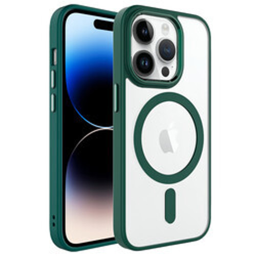 iPhone 14 Pro Max Wireless Şarj Özellikli Krom Mag Safe Silikon TPU İnce Kılıf - Koyu Yeşil