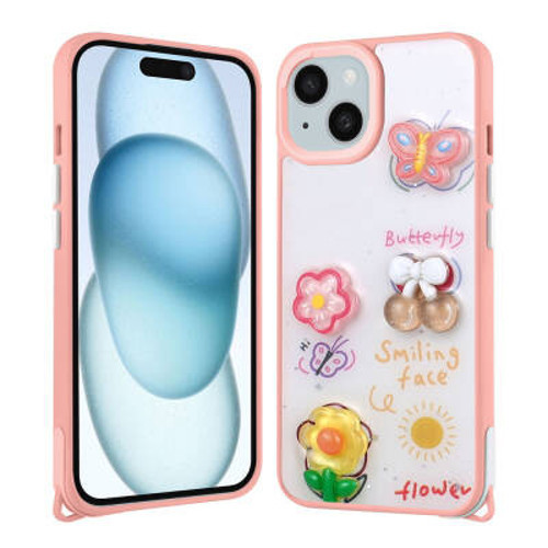 iPhone 15 Plus Parlayan Simli Kabartma Figürlü Cevze TPU Kılıf - Pembe