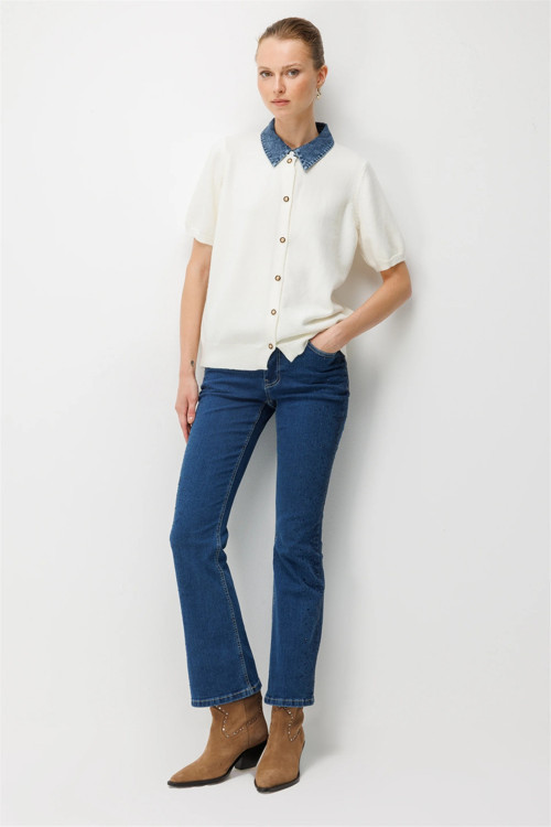 Kadın Denim Detaylı Kısa Kollu Triko Hırka 10509 Ekru