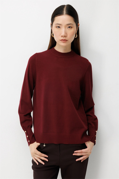 Kadın Sıfır Yaka Basic Triko Kazak 10315 Bordo
