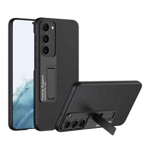 Lexroo Galaxy S23 Kıpta Standlı İnce Kılıf - Siyah Litchi