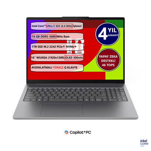 IDEAPAD SLIM 5 16IPH11 INTEL CORE™ ULTRA 5 322 16GB 1 TB SSD 16" OLED 83S6003TTR FREEDOS TAŞINABİLİR BİLGİSAYAR
