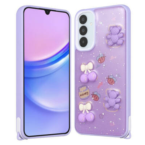 Galaxy S23 FE Parlayan Simli Kabartma Figürlü Cevze TPU Kılıf - Mor Ayı