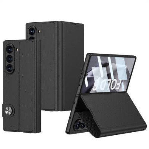 Lexroo Galaxy Z Fold 6 Suni Deri Tasarımlı Magnetik Tokalı ve Kartlıklı Kıpta Zegna İnce Kılıf - Siyah