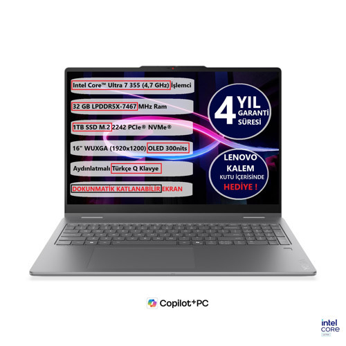 YOGA 7 2-in-1 16IPH11 INTEL CORE™ ULTRA 7 355 32GB RAM 1TB 16\" OLED TOUCH FREEDOS 83TE003GTR DOKUNMATİK BİLGİSAYAR