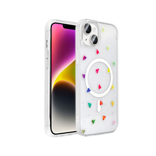 iPhone 15 Plus Mag Safe Şarj Özellikli Şeffaf Folk Sert İnce Kılıf - Kalp