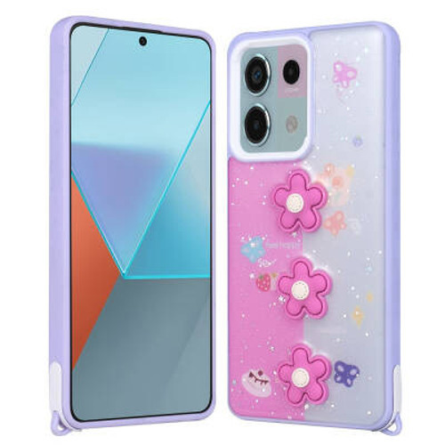 Xiaomi Redmi Note 13 Pro 5G Parlayan Simli Kabartma Figürlü Cevze TPU Kılıf - Mor Papatya