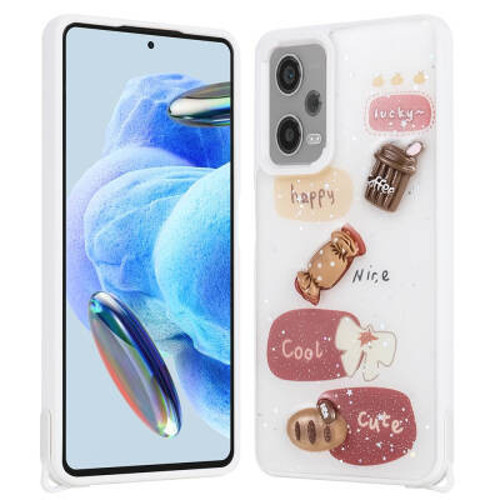 Xiaomi Redmi Note 12 Pro Plus 5G Parlayan Simli Kabartma Figürlü Cevze TPU Kılıf - Beyaz