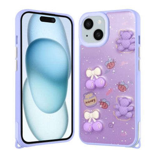 iPhone 15 Plus Parlayan Simli Kabartma Figürlü Cevze TPU Kılıf - Mor Ayı