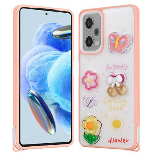 Xiaomi Redmi Note 12 Pro Plus 5G Parlayan Simli Kabartma Figürlü Cevze TPU Kılıf - Pembe