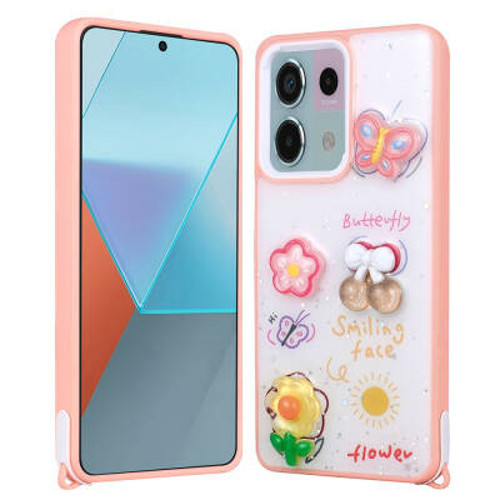 Xiaomi Redmi Note 13 Pro 5G Parlayan Simli Kabartma Figürlü Cevze TPU Kılıf - Pembe