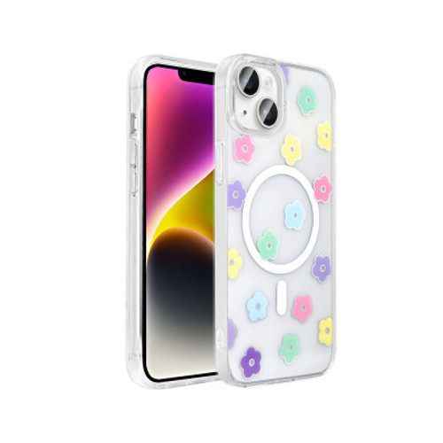 iPhone 15 Plus Mag Safe Şarj Özellikli Şeffaf Folk Sert İnce Kılıf - Papatya