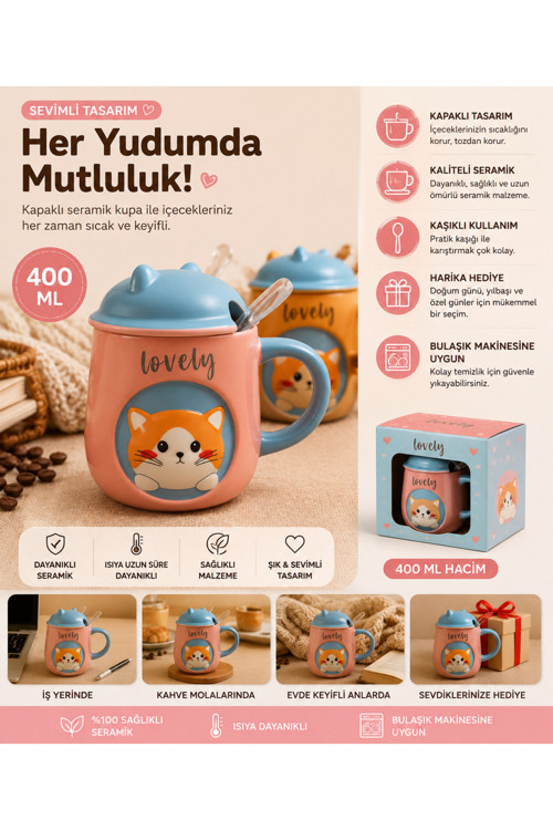 Kabartmalı Kedi Figürlü Porselen Kupa 400 ML