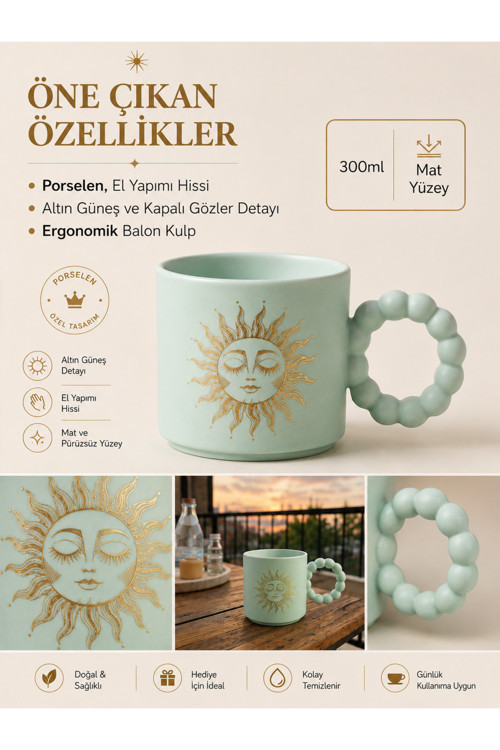 Porselen Güneş Desenli Balon Kulplu Mat Kupa 300 ml