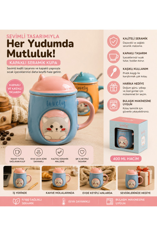 Kabartmalı Kedi Figürlü Porselen Kupa 400 ML