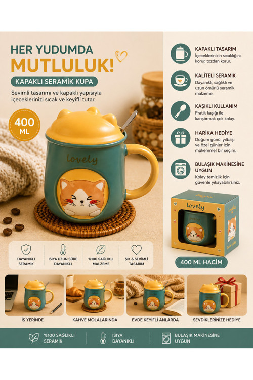 Kabartmalı Kedi Figürlü Porselen Kupa 400 ML