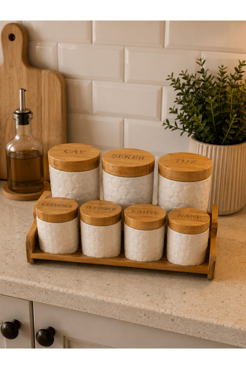Porselen 8 Parça Baharat Takımı, Bambu Kapaklı Geometrik Dokulu Porselen Kavanoz Seti, Bambu Standlı