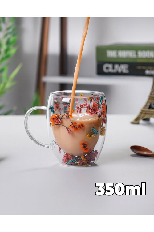 350 ml - Çiçekli Çift Cidarlı Kulplu Şeffaf Espresso Cam Bardak Ofis Ev
