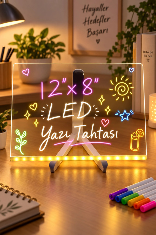 Yazı Çizim Tahtası Led Işıklı 20X30 CM 7 Kalem ve Stant Hediyeli Neon Işıklı Eğitici Not Tahtası