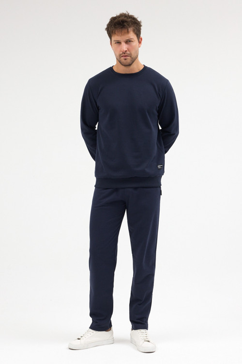 Lacivert Relaxed Fit Bisiklet Yaka Sweatshirt Düz Paça Erkek Eşofman Takımı