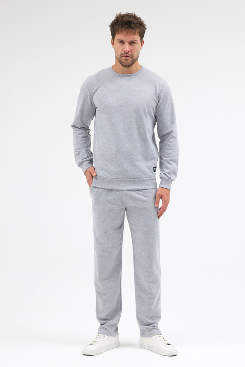 Gri Relaxed Fit Bisiklet Yaka Sweatshirt Düz Paça Erkek Eşofman Takımı