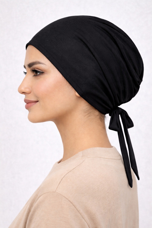 2’Li Siyah Penye Bağlamalı Bone — Dikişli Kaymaz Tesettür İç Bone Bandana
