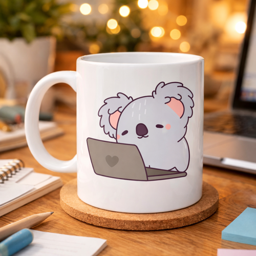 Laptoplu Koala Desenli Porselen Kupa MODEL 111 – Sevimli Ofis Kupası, Çalışanlara Özel Tatlı Hediye