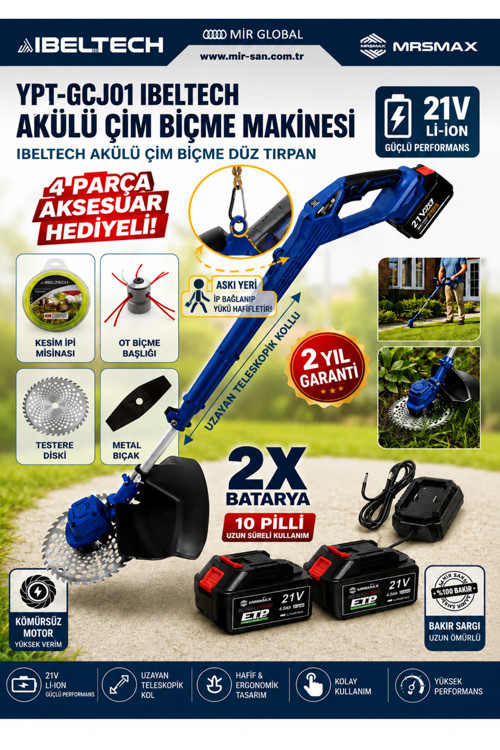 2100V Akülü Çim Biçme Makinesi Tırpan X2 10 Pilli 21V Bataryalı 3 Aksesuar Hediyeli Şarjlı Ot Kesmee