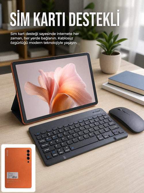 SIM Kart Destekli Android Tablet Bluetooth Klavye ve Kablosuz Mouse Seti Geniş Ekran Taşınabilir Tas