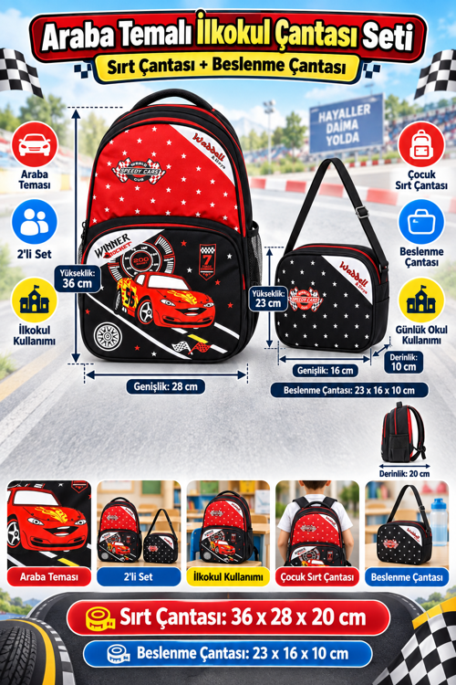 Speedy Car Araba İlkokul Okul Çantası Beslenme Çantası Sırt Çantası 2'li Set 36 x 28 x 20 cm