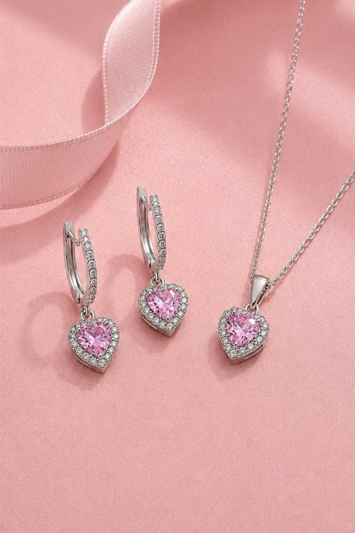 Pembe Taşlı Kalp Gümüş Set