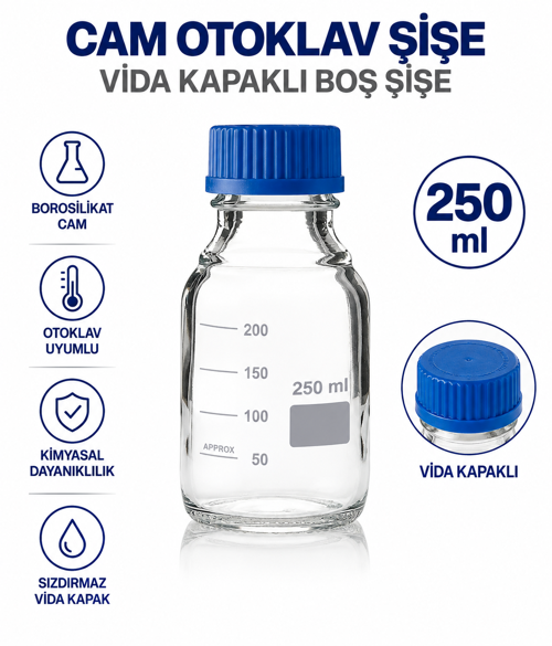 Cam Otoklav Şişe 250 ml - Vida Kapaklı Boş Şişe