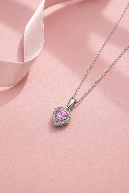 Pembe Taşlı Kalp Gümüş Kolye