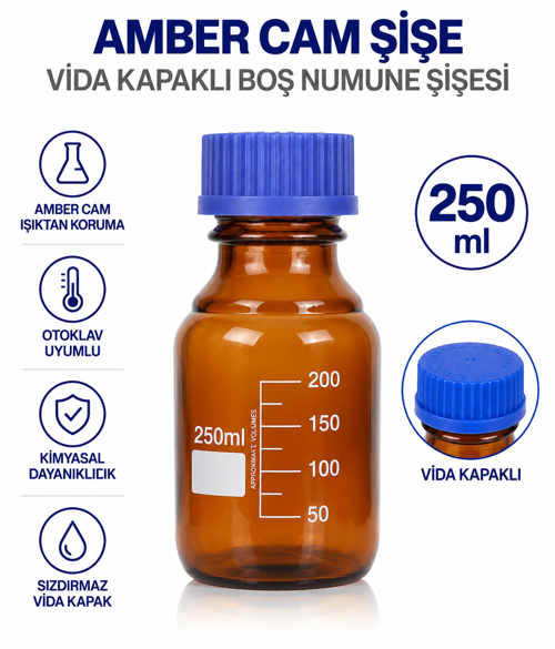 Amber Cam Şişe 250 ml - Vida Kapaklı Boş Numune Şişesi - Otoklav Şişe