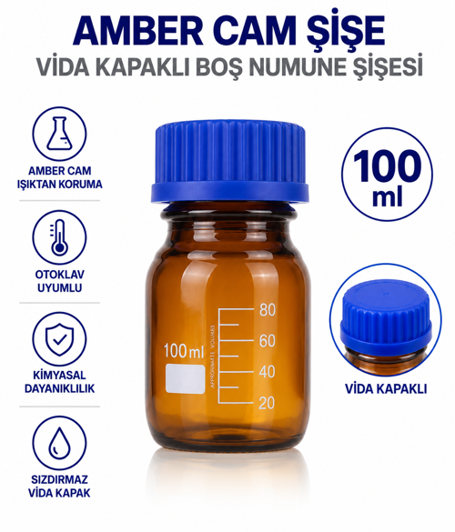 Amber Cam Şişe 100 ml - Vida Kapaklı Boş Numune Şişesi - Otoklav Şişe